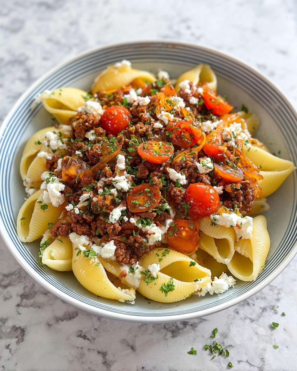 A white bowl with a thin blue rim holds a layered pasta dish. The first layer is large shell pasta, pale yellow with a smooth texture, filling the bowl's bottom. Next, a creamy white sauce is spread over the pasta. On top of this sauce is a rich brown minced meat mixture with visible pieces of cooked onions. Red cherry tomato halves are scattered over the meat, adding bright color and shine. The dish is finished with crumbles of white cheese and small green herb leaves sprinkled on top and around the bowl. The bowl sits on a white marbled surface. Photo taken with an iphone --ar 4:5 --v 7