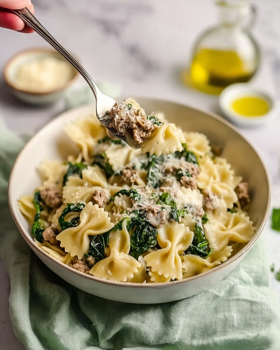 A close-up view shows a white bowl filled with creamy pasta. The dish has three main layers: the base layer is light yellow farfalle pasta, the middle layer has bits of cooked ground meat mixed with bright green spinach, and the top layer is a light cream sauce with grated cheese sprinkled over. A woman's hand holds a silver fork lifting a spoonful of the pasta mixture, showcasing the textures of tender pasta, savory meat, and wilted spinach. The bowl sits on a soft, light green cloth on a white marbled surface, with small bowls of grated cheese and olive oil blurred in the background. photo taken with an iphone --ar 4:5 --v 7