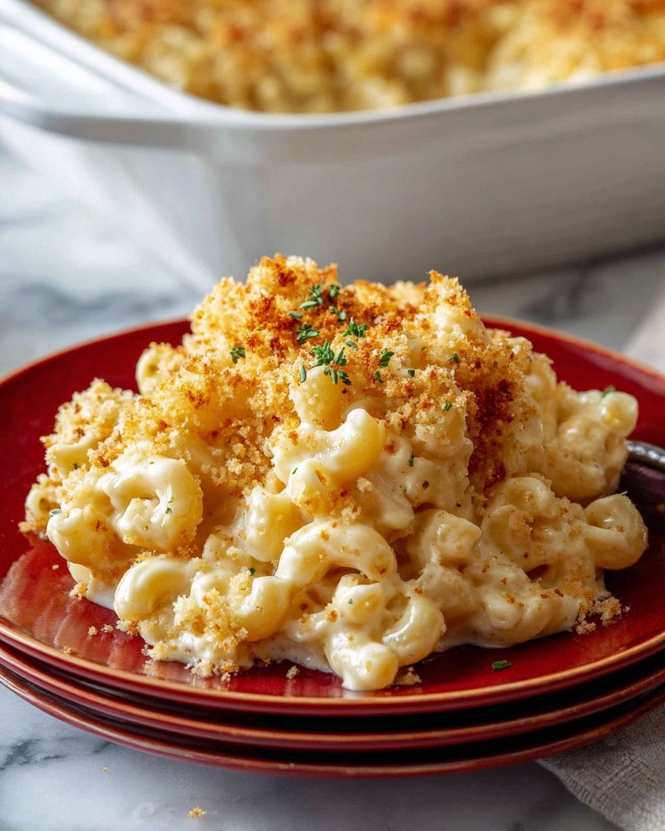 A close-up of a serving of creamy macaroni and cheese on a white plate with a red inside, piled in a mound with three main layers: a base layer of soft, curved elbow macaroni coated thickly in pale yellow cheese sauce, topped by a middle layer of more macaroni blended in the same sauce with a smooth, glossy texture, and finished with a golden-brown, slightly crispy breadcrumb layer sprinkled with small green herbs on top. The plate sits on a white marbled surface with some crumbs scattered around. In the background, a white baking dish with more macaroni and cheese is slightly out of focus. Photo taken with an iphone --ar 4:5 --v 7
