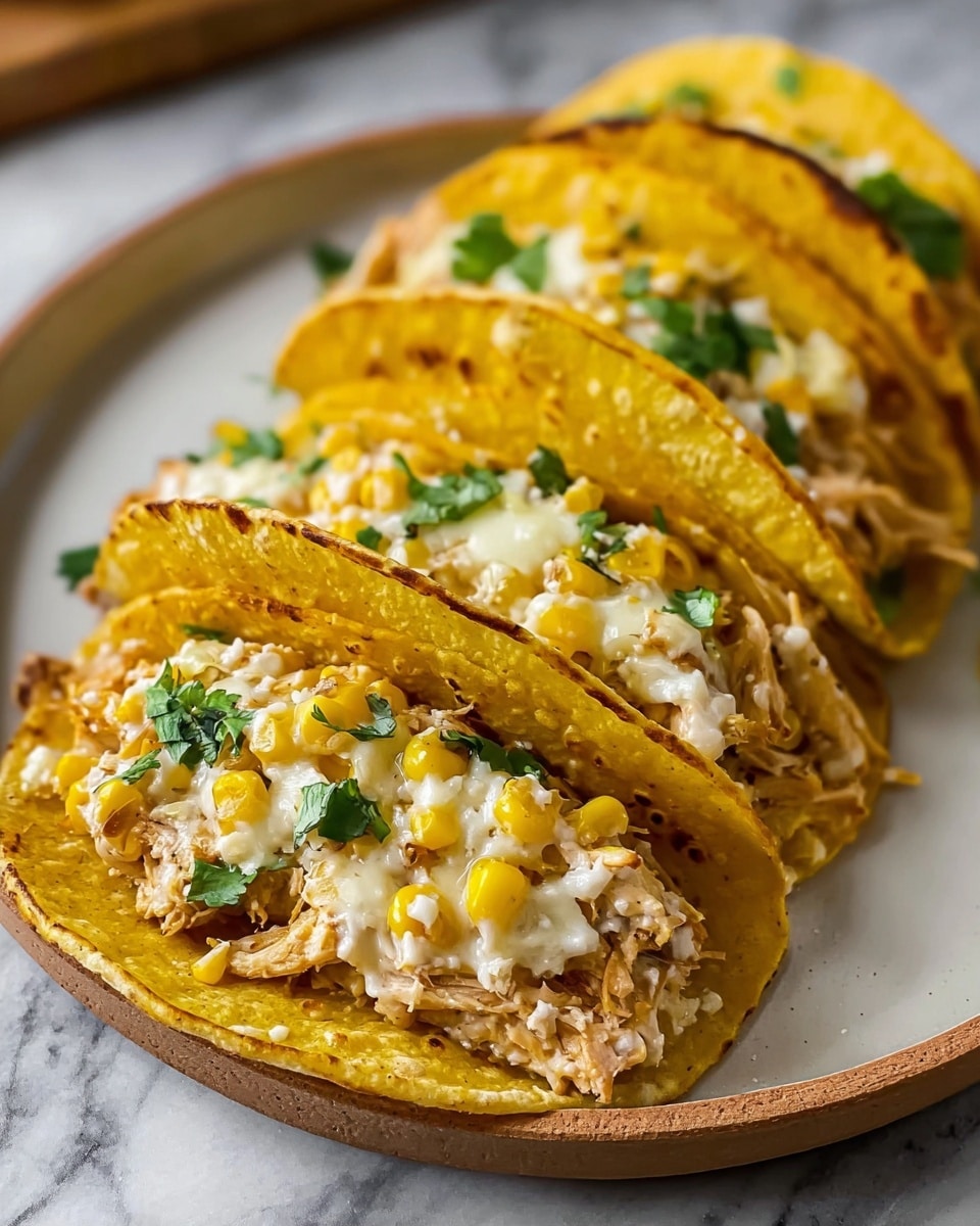 Four grilled yellow corn tacos are lined up on a white plate, each filled with a mix of shredded chicken, melted white cheese, yellow corn kernels, and small green cilantro leaves. The tacos are slightly folded, revealing the creamy, textured filling layered inside. The white marbled background contrasts with the warm colors of the tacos and plate, showing a cozy and fresh food setting. Photo taken with an iphone --ar 4:5 --v 7