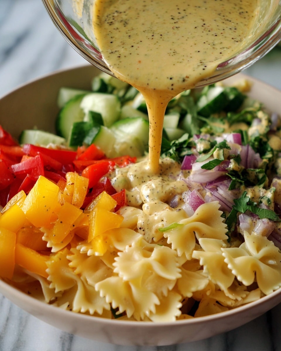 A white bowl with a fresh salad inside is shown with a close-up view. The bowl holds different layers: on the left, wide pale yellow bowtie pasta with ridged texture; next to it, bright yellow and red chopped bell peppers adding vivid colors; behind them, small chopped green cucumber pieces; and on the right, chopped red onions mixed with fresh green herbs. A thick, creamy light mustard-colored dressing with visible black pepper bits is being poured from a glass container over the salad, flowing in a smooth stream. The bowl is set on a white marbled surface. photo taken with an iphone --ar 4:5 --v 7