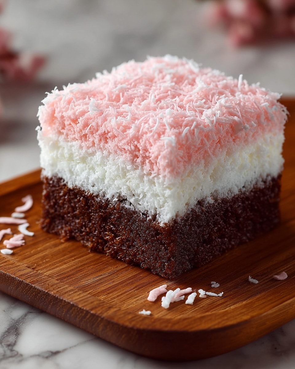 A square piece of layered dessert sits on a wooden board placed on a white marbled texture. The dessert has three distinct layers: the bottom layer is dark brown and moist with a rough texture, the middle layer is fluffy and white with a smooth appearance, and the top layer is light pink with a fluffy texture covered with shredded coconut, giving it a soft and textured look. Small pink and white coconut shreds are scattered around the wooden board. Photo taken with an iphone --ar 4:5 --v 7