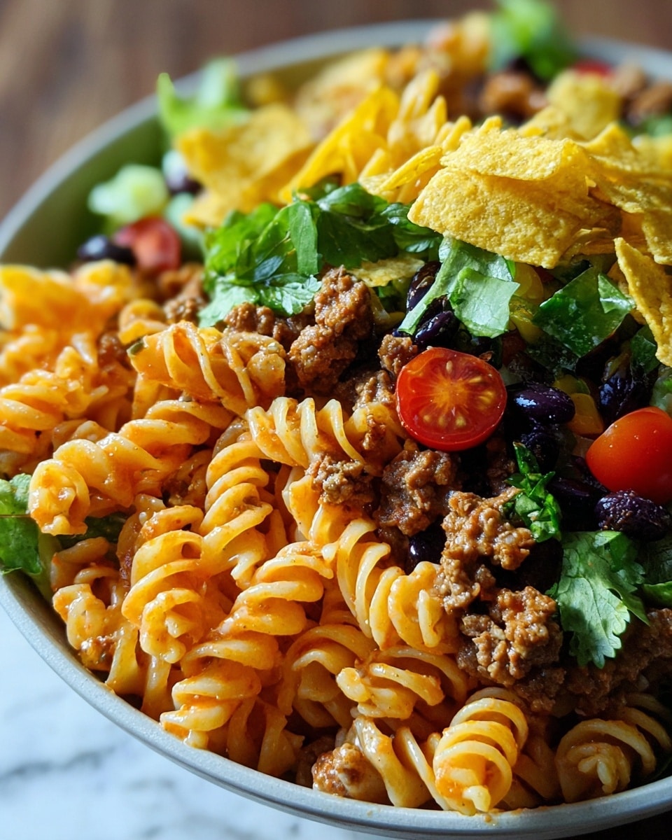 A close-up view of a pasta salad in a white bowl, featuring three main layers: at the bottom, orange spiraled rotini pasta coated with a light sauce; in the middle, crumbled brown ground meat mixed with black beans and bits of chopped greens; on top, scattered bright yellow corn chips and fresh green cilantro leaves, along with small red cherry tomatoes adding a pop of color, all arranged on a white marbled surface. photo taken with an iphone --ar 4:5 --v 7