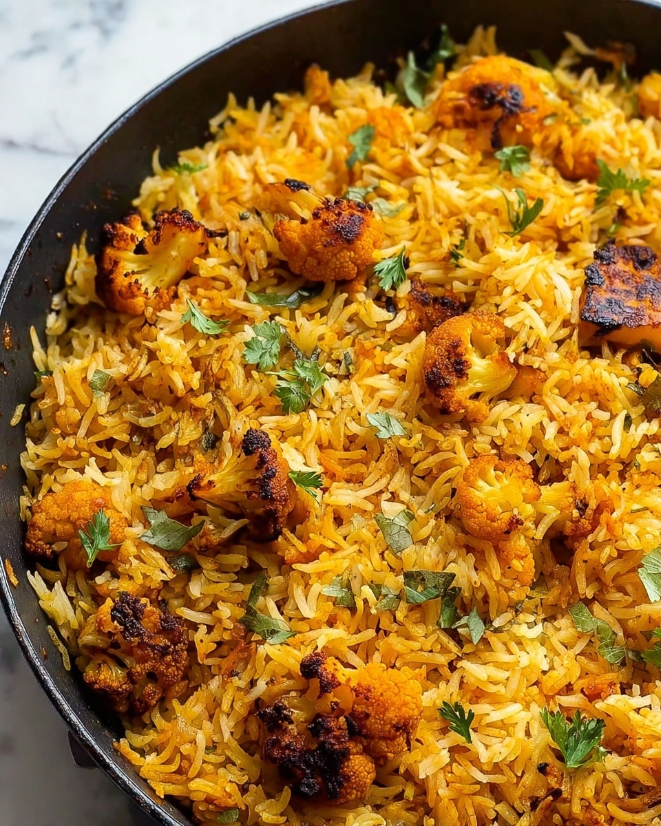 A close-up image of a black skillet filled with colorful biryani rice, showing long grains of yellow and orange rice mixed with browned, spiced cauliflower pieces and green herb leaves scattered throughout. The rice looks fluffy with slight browning on some edges, and small green parsley leaves are sprinkled on top, adding freshness and color contrast. The skillet sits on a white marbled surface, highlighting the warm tones of the dish. photo taken with an iphone --ar 4:5 --v 7