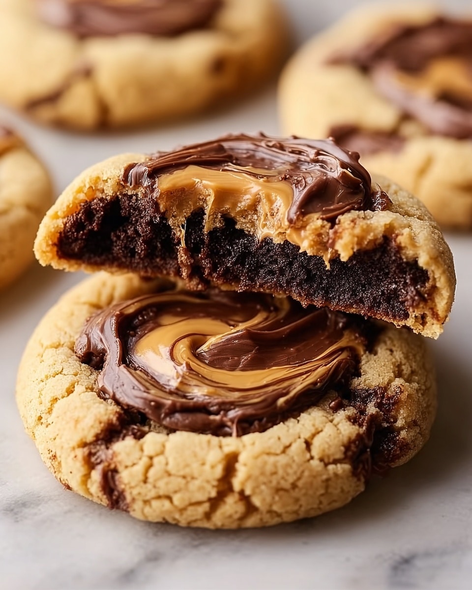 The image shows a close-up of a cookie with three visible layers. The outer layer is light golden brown with a soft, crumbly texture, forming a thick border around the cookie. Inside this is a dark, rich chocolate layer with a dense, moist texture. On top of the chocolate layer is a swirl of two colors: a creamy peanut butter brown and a glossy dark chocolate. The cookie on top is broken in half, revealing the inside layers clearly. The cookies rest on a white marbled surface. photo taken with an iphone --ar 4:5 --v 7