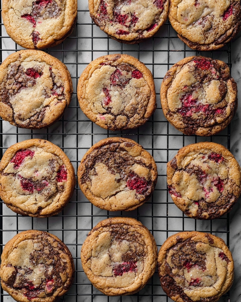 The image shows twelve round cookies cooling on a black wire rack placed over a white marbled surface. Each cookie has a golden-brown edge and a lighter beige center with visible swirls and chunks of dark chocolate and bright red raspberry pieces, creating a marbled effect of brown, black, and red shades. The cookies appear soft with slightly crinkled textures on top, and some red fruit bits look juicy and slightly melted into the dough. The cookies are evenly spaced on the rack, showing their full round shapes and slightly raised edges, all uniformly baked. photo taken with an iphone --ar 4:5 --v 7