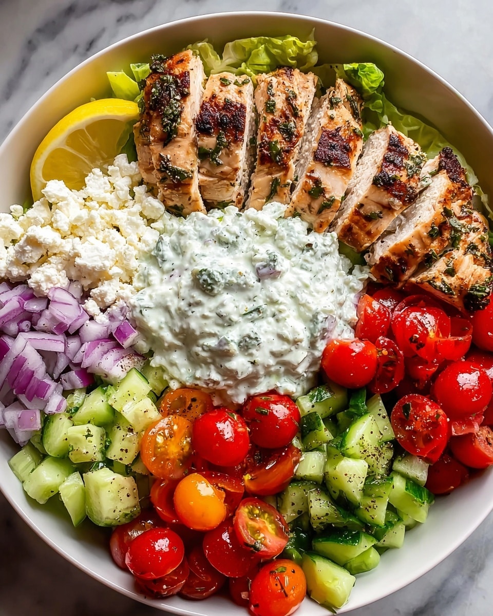 A white bowl filled with six distinct sections of food, arranged side by side. Starting at the top right, there are several slices of grilled chicken breast, browned with grill marks and herbs visible on the surface, resting on a bed of light green lettuce. Beside the chicken is a bright yellow lemon wedge tucked in the corner. Next to the lemon and chicken, crumbled white feta cheese forms a small pile. Below the cheese, finely chopped purple-red onions add a pop of color. Moving left, chopped green cucumber pieces with dark green skin are clustered together. Above the cucumber, halved cherry tomatoes with a shiny red exterior and specks of herbs are placed. In the center of the bowl, a generous dollop of creamy white tzatziki sauce with small green herb flecks tops the vegetables. The bowl rests on a white marbled surface. Photo taken with an iphone --ar 4:5 --v 7