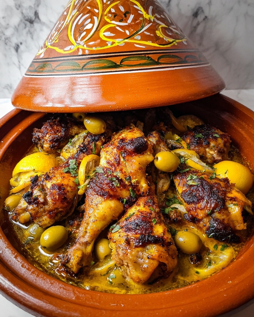 The image shows a round, open clay tagine pot partially covered with a decorated conical lid resting askew, revealing a cooked dish inside. The dish consists of several pieces of golden-brown grilled chicken legs arranged in a single layer, with a slightly charred, crispy skin texture. Surrounding the chicken are vibrant yellow lemon slices, whole green olives, and cooked onion pieces in a golden, oily sauce that pools at the bottom of the tagine. The clay pot has a warm, earthy orange-brown color, while the background is a white marbled texture. photo taken with an iphone --ar 4:5 --v 7