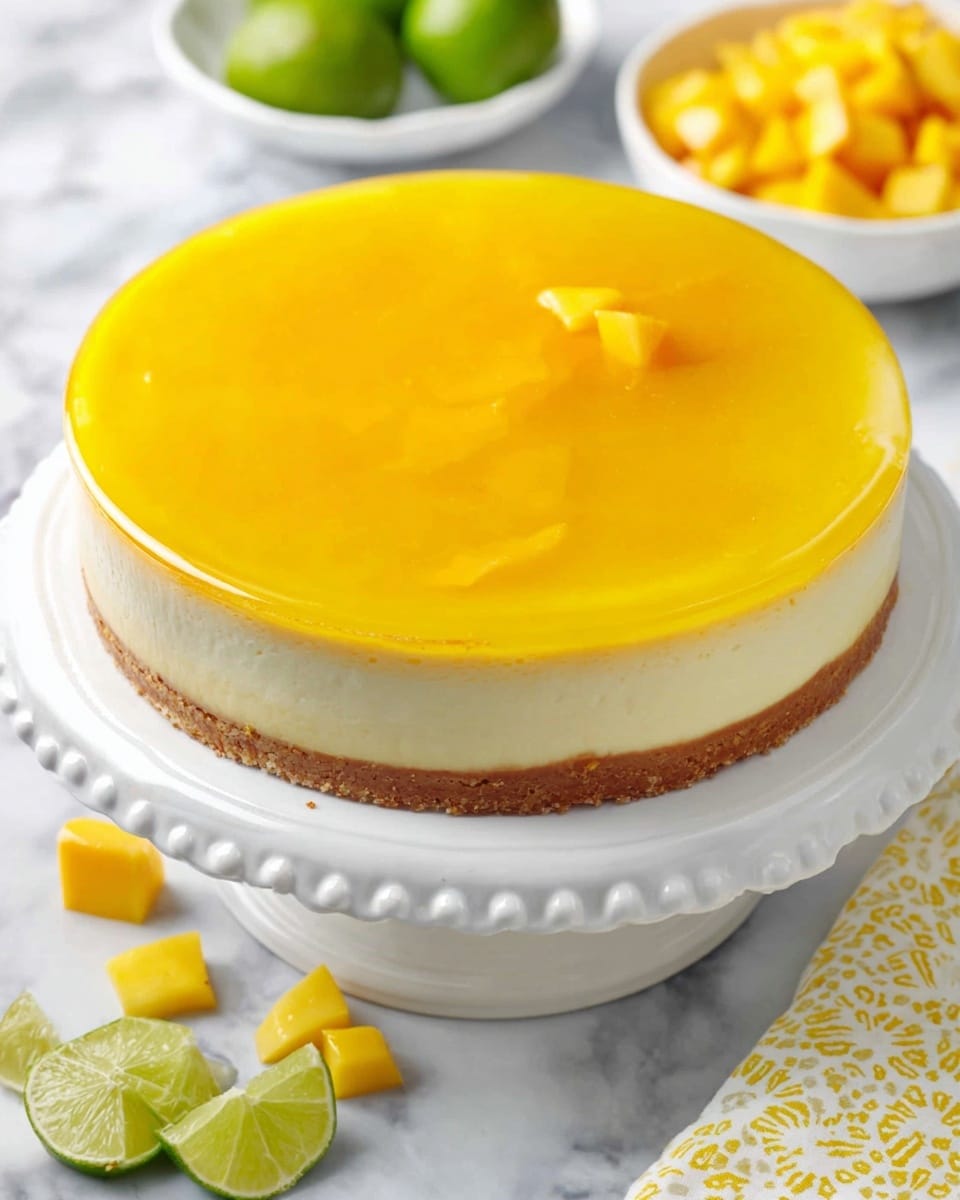A slice of layered cheesecake is shown on a white decorative plate with a small lime wedge and a tiny piece of yellow fruit next to it. The cheesecake has three layers: a bottom crumbly crust in a pale brown and white mix, a thick creamy off-white middle layer, and a smooth bright yellow topping layer that looks glossy. In the background, there is the rest of the cheesecake and a white bowl filled with yellow fruit pieces, all set on a white marbled surface. photo taken with an iphone --ar 4:5 --v 7