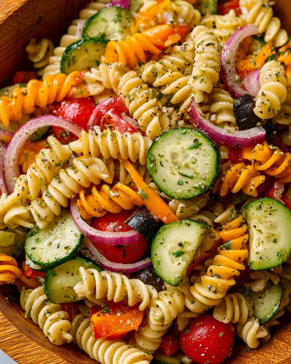 A close-up of a pasta salad in a bowl, showing three layers of spiral pasta in orange, green, and pale yellow colors. Mixed in are sliced cucumbers with light green skin and white flesh, bright red cherry tomato halves, thin slices of red onion, black olive rings, and small pieces of red bell pepper. The salad is sprinkled with chopped herbs and ground black pepper, giving a fresh and colorful look. The bowl has a smooth wooden texture, and the image has a clear and sharp focus on the various ingredients. Photo taken with an iphone --ar 4:5 --v 7