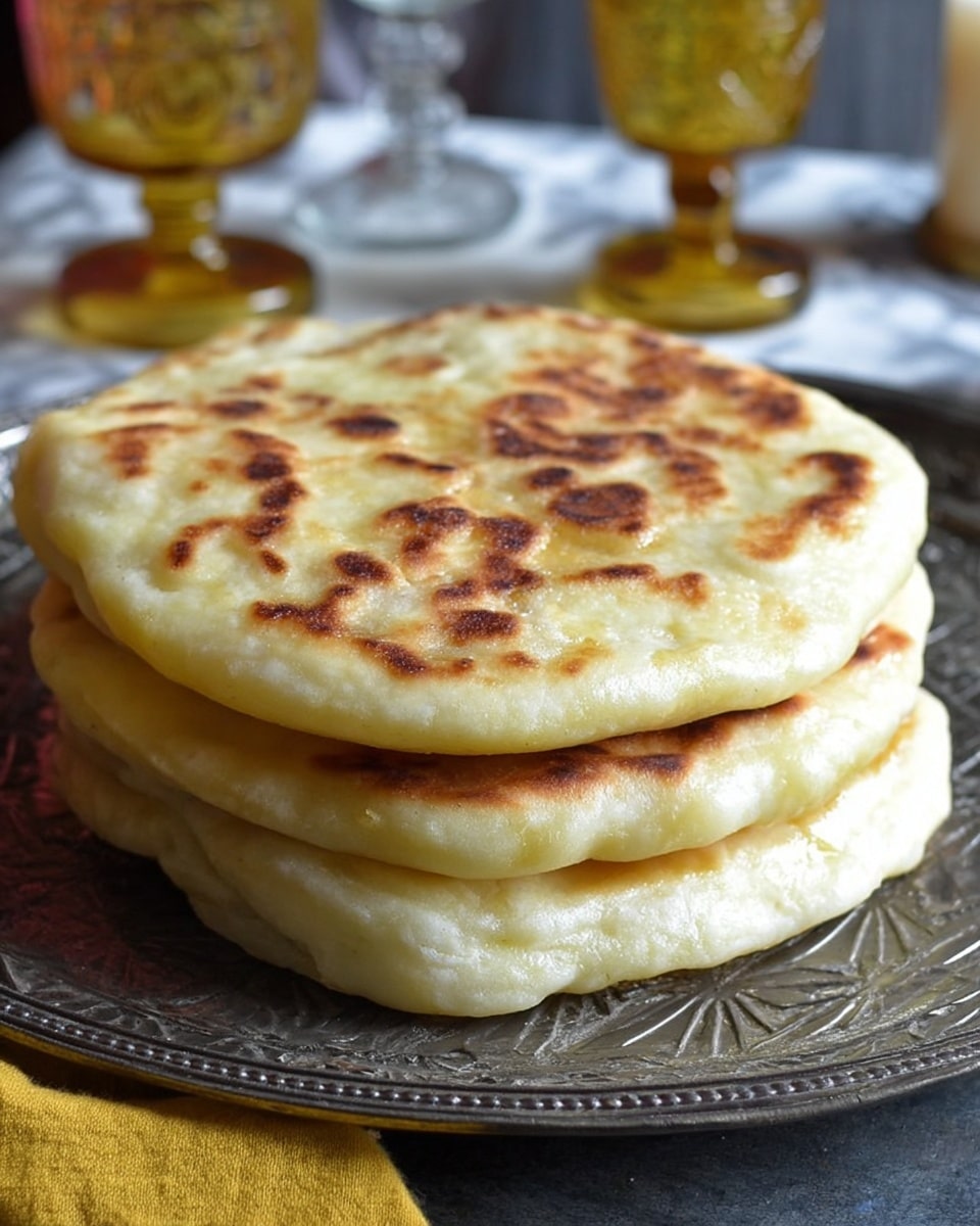 A stack of four thick flatbreads with a golden-brown toasted surface and soft, slightly puffy light yellow edges is placed on a dark textured metal tray. Each flatbread layer has a smooth, slightly shiny top with uneven brown spots showing where it was cooked. The background is a white marbled texture with blurred glass candle holders and a yellow cloth partially visible. Photo taken with an iphone --ar 4:5 --v 7