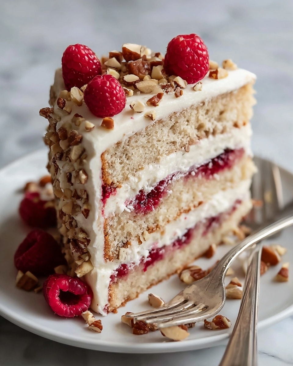 A slice of three-layer cake on a white plate shows light beige sponge layers separated by thin white cream layers with visible bright red raspberry filling. The top layer is covered with thick white frosting, sprinkled with chopped nuts, and decorated with three whole red raspberries. More raspberries and chopped nuts are scattered around the base of the cake on the plate. A silver fork rests beside the cake on the plate, and the background is a white marbled texture. Photo taken with an iphone --ar 4:5 --v 7