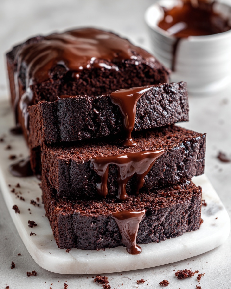 A sliced chocolate loaf cake with three thick pieces stacked slightly overlapping on a white marbled surface, each slice covered in glossy, smooth chocolate glaze dripping slowly down the sides. The cake layers are dark and moist with a rich texture, and the glaze shines with a creamy texture that catches the light. Some cake crumbs are scattered around the base on the white marbled surface, next to a white bowl with dripping chocolate glaze in the background, creating depth. Photo taken with an iphone --ar 4:5 --v 7