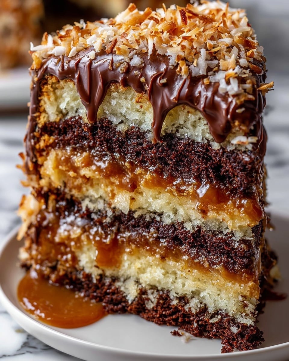 A close-up of a three-layer cake slice on a white plate, with alternating thick layers of dark chocolate and light vanilla sponge. Between each sponge layer, there is a gooey, shiny caramel filling that slightly drips down the sides. The top is covered with a rich chocolate glaze that flows carefully over the edge, with toasted coconut flakes sprinkled thickly over the glaze. The texture of the cake looks moist and soft. The background is a white marbled texture. photo taken with an iphone --ar 4:5 --v 7