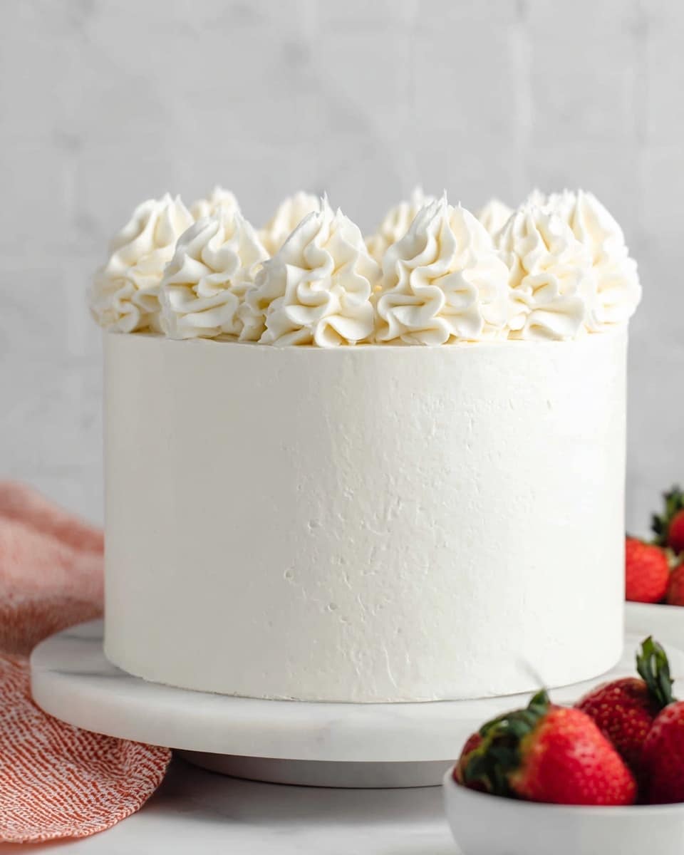 A tall white frosted cake with a smooth, clean finish, decorated with a single row of white whipped cream swirls evenly spaced around the top edge. The swirls are fluffy and textured, standing upright with soft peaks. The cake sits on a white marble cake stand, and in the background, some bright red strawberries are placed in a small white bowl on a white marbled surface. photo taken with an iphone --ar 4:5 --v 7