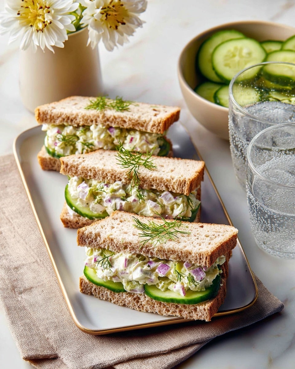 Three small sandwiches are neatly arranged on a white rectangular plate with a slight rim. Each sandwich has two slices of brown bread, with the filling layered between them. The filling consists of thin green cucumber slices at the bottom, topped with a creamy white mixture that has visible small pieces of diced red onion and celery, and garnished with fine green dill sprigs on top. The plate is set on a beige cloth on a white marbled surface. Next to the plate, on the top right, is a white bowl holding three halves of cucumber. Two clear glasses of water with bubbles are placed near the plate, one on the bottom right and the other on the left side. There is also a small beige vase holding three white flowers with yellow centers in the upper-left corner. Photo taken with an iphone --ar 4:5 --v 7