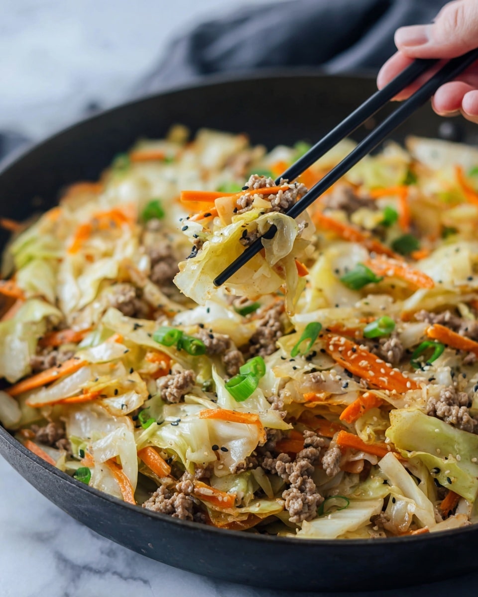 A close-up of a black skillet filled with cooked ground meat, light yellow cabbage pieces, thin orange carrot strips, and green onion slices, all mixed together with some black pepper and sesame seeds sprinkled on top. A pair of black chopsticks held by a woman's hand is lifting a small mix of the ingredients, showing layers of soft cabbage, carrot, meat, and green onion against a blurred background. The surface under the skillet is white marbled texture. photo taken with an iphone --ar 4:5 --v 7