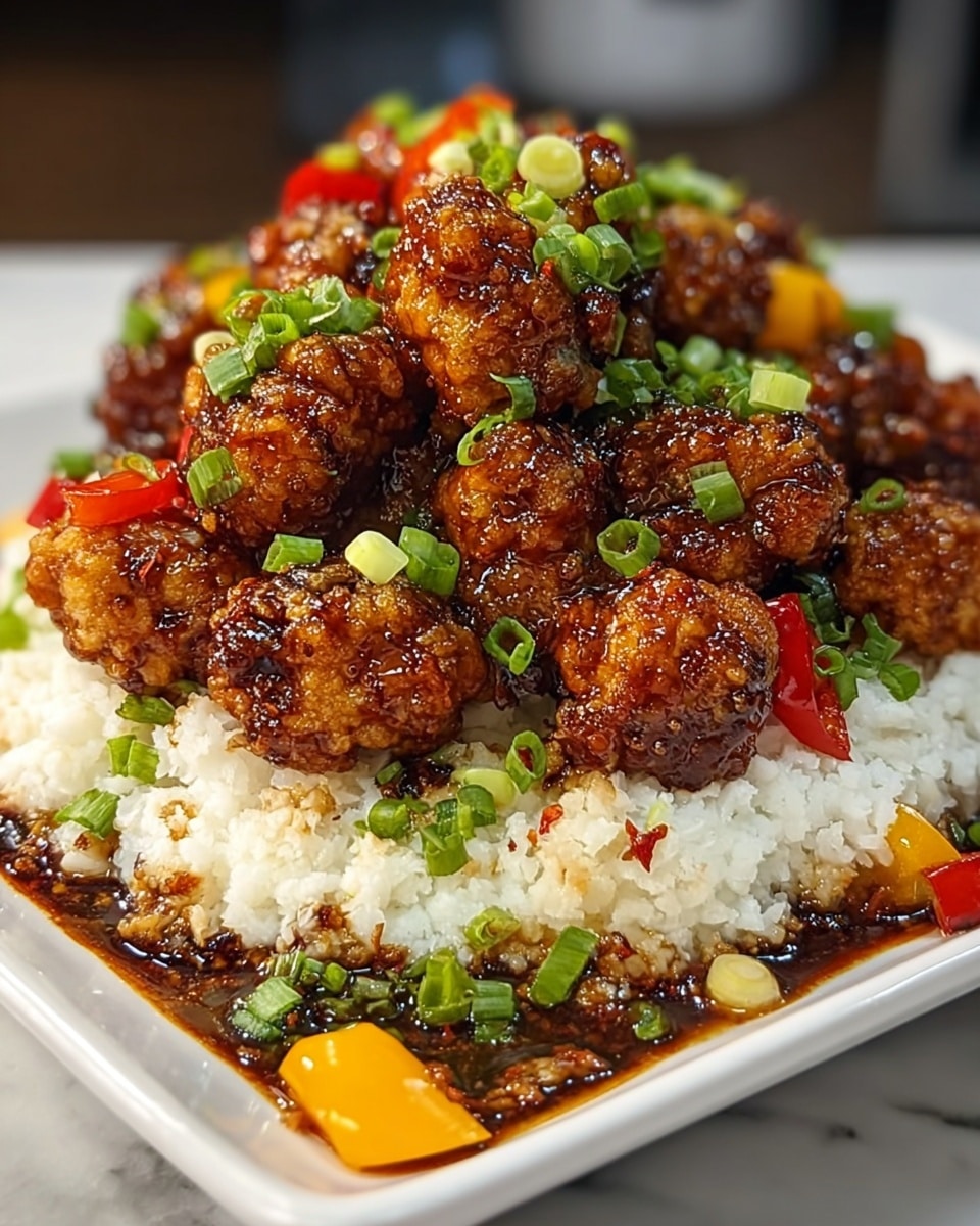 A white square plate holds a large mound of white riced cauliflower as the bottom layer, with a generous pile of small fried cauliflower pieces on top, each coated in a thick, dark brown glossy sauce. Bright green chopped scallions and small pieces of red and yellow bell pepper are scattered evenly over the sauced cauliflower, adding vibrant pops of color. The texture of the fried cauliflower looks crispy under the shiny glaze, and the white marbled surface beneath the plate adds a clean and fresh background. photo taken with an iphone --ar 4:5 --v 7