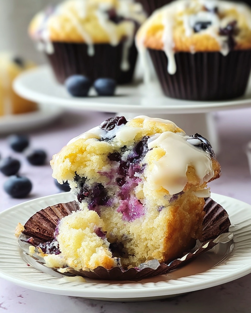 A close-up view of a blueberry muffin with a bite taken out of it, showing its soft, crumbly texture inside with blueberries bursting and spreading purple juice throughout the light yellow cake. The muffin is topped with a drizzle of white icing that adds a glossy shine. It sits in a dark paper liner and is placed on a white plate with a subtle ridged edge. In the background, there are two more muffins on a white cake stand and scattered blueberries on a white marbled surface. photo taken with an iphone --ar 4:5 --v 7