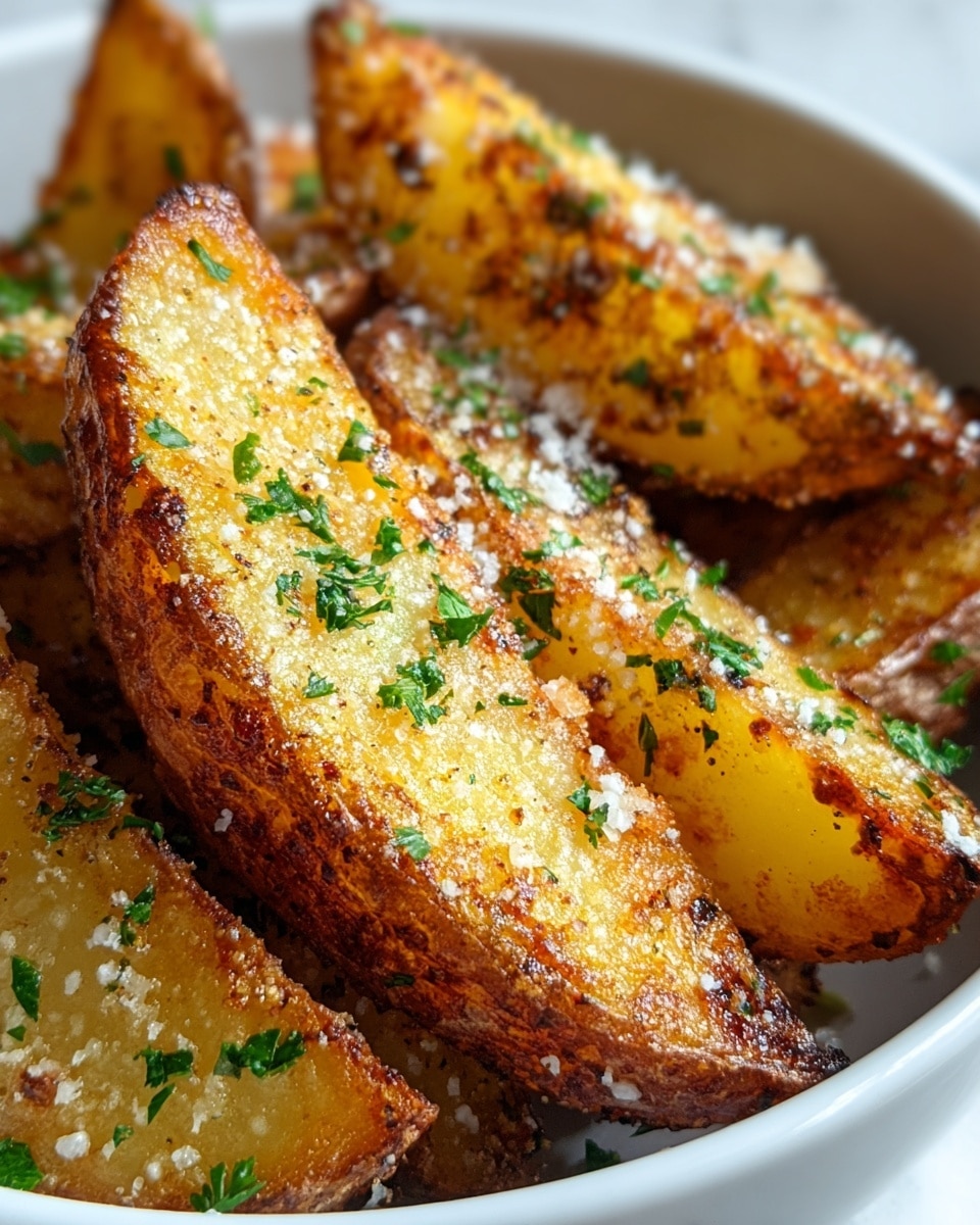 The image shows a close-up of several potato wedges arranged in a white bowl. Each wedge is golden brown with a crispy, slightly rough outer layer from being roasted or fried. The potato skin adds a darker brown contrast around the edges, while the inner part of the wedge is a lighter yellow, soft texture. The wedges are sprinkled generously with small bits of fresh green parsley and a coating of white grated cheese or fine salt crystals on top. The white marbled surface is visible in the background, creating a clean and simple setting. photo taken with an iphone --ar 4:5 --v 7