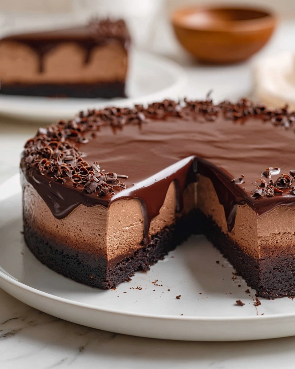 The image shows a chocolate cake with three visible layers on a white plate placed on a white marbled surface. The bottom layer is dark and dense, resembling a chocolate crust. The middle layer is a lighter, mousse-like chocolate filling, smooth and creamy. The top layer is a glossy, thick chocolate ganache that drips slightly over the edges. The edge of the cake is decorated with small chocolate curls all around. One slice has been cut out, showing the smooth layers clearly. In the background, there is a white plate with a single piece of the same cake and a blurry wooden bowl. Photo taken with an iphone --ar 4:5 --v 7