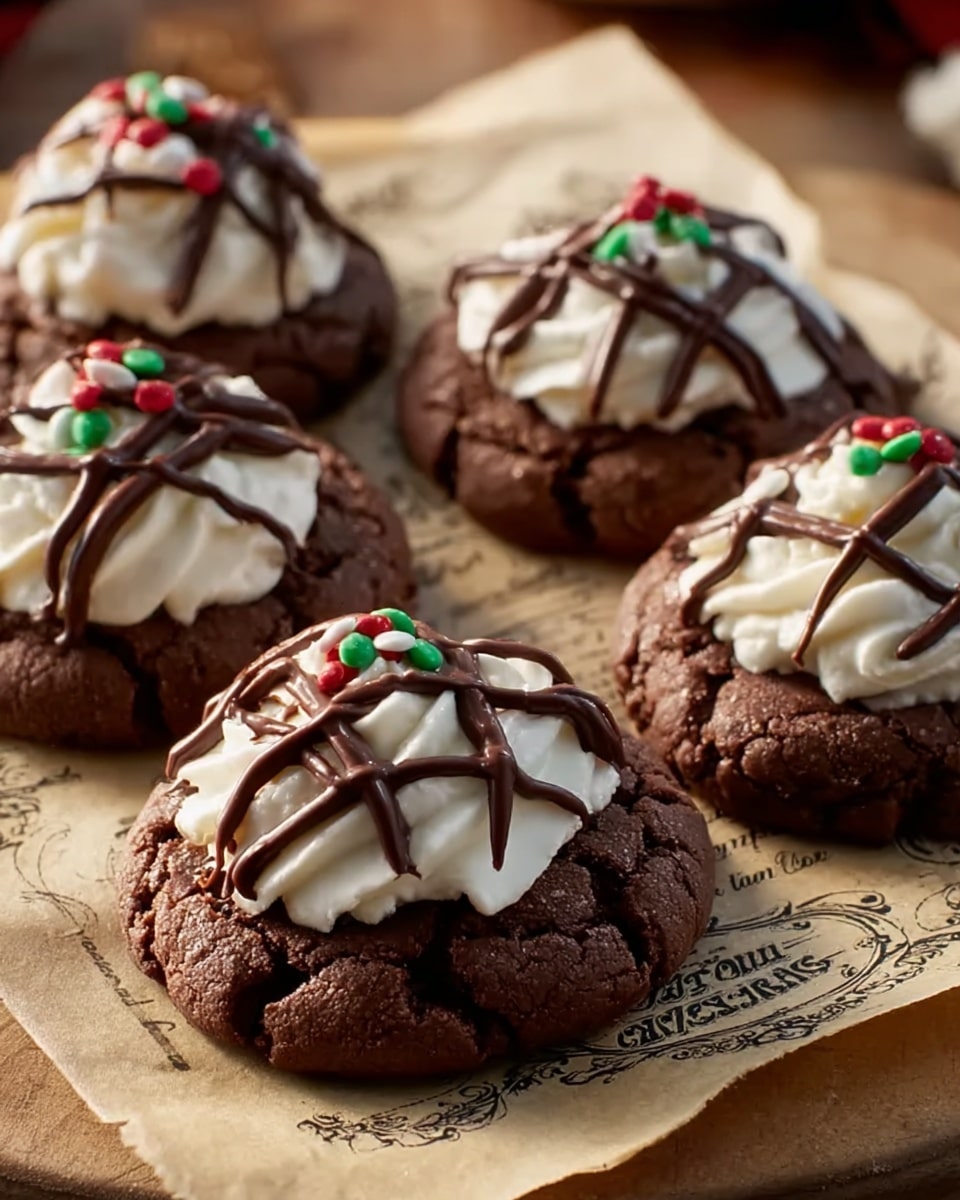 The image shows five round chocolate cookies, each topped with a swirl of white whipped cream in the center. Over the whipped cream, thick lines of shiny milk chocolate drizzle form a loose grid pattern, with small red and green round sprinkles scattered on top for decoration. The cookies are dark brown and have a rough, cracked texture, placed on a sheet of parchment paper with vintage-style writing, all set on a wooden board. The background is softly lit, highlighting the textures and colors of the cookies and toppings. photo taken with an iphone --ar 4:5 --v 7