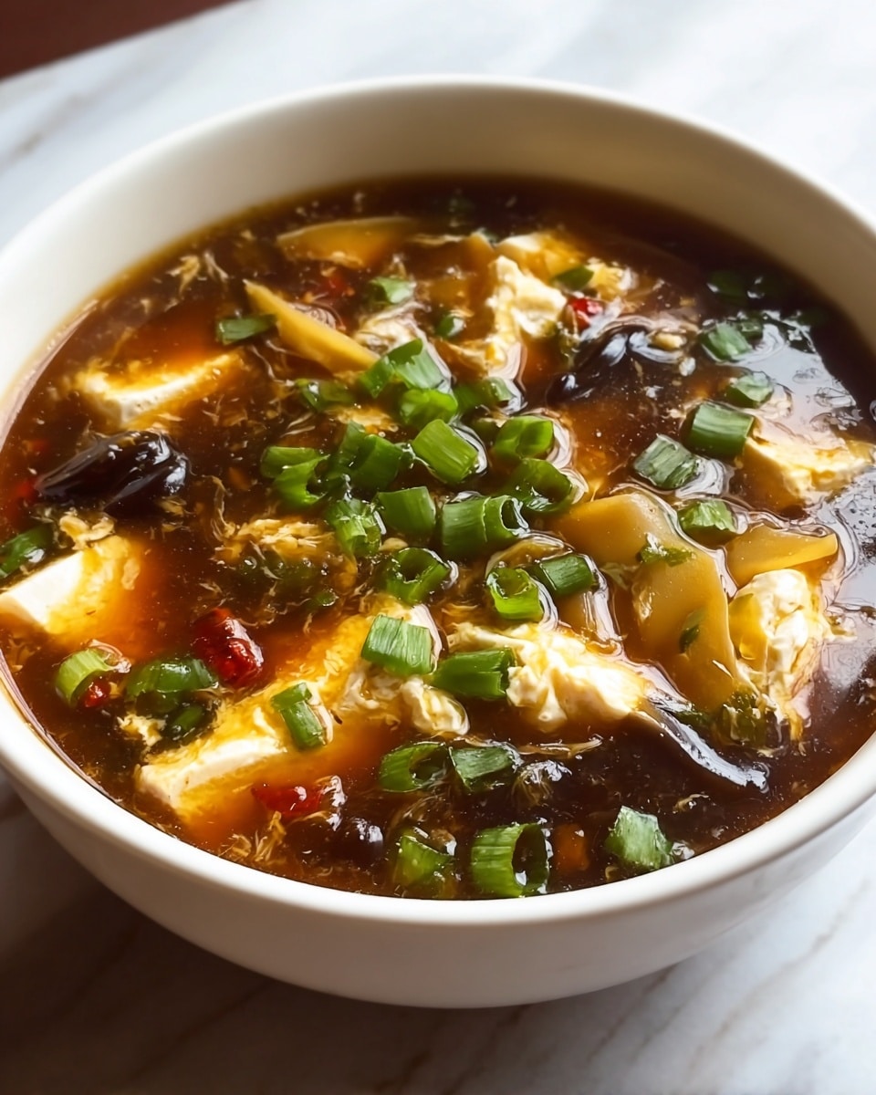 A white bowl filled with hot sour soup showing a dark brown, glossy broth that looks thick and rich. Inside the soup, there are several layers: large off-white tofu pieces sitting near the surface, soft egg ribbons that add light yellow texture, small bright green chopped scallions scattered on top, and thin dark wood ear mushrooms mixed throughout. There are also small bits of red chili pieces that add a hint of color among the other ingredients. The bowl sits on a white marbled surface. Photo taken with an iphone --ar 4:5 --v 7