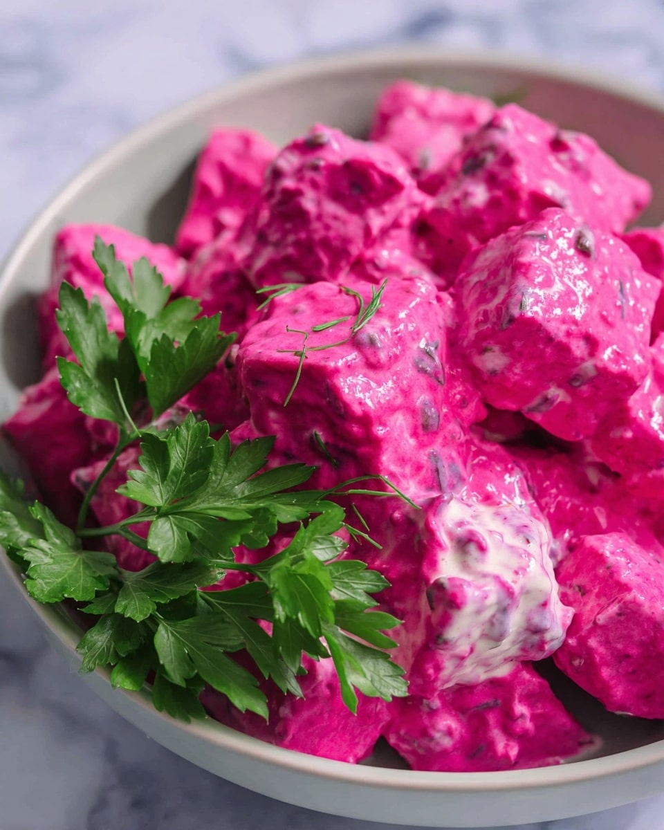 This image shows a close-up of a white bowl filled with bright pink cubes coated in a creamy sauce, the cubes having a slightly rough texture with some visible herbs mixed in. On one side of the bowl, there is a small bunch of fresh green parsley leaves adding a pop of natural color and texture. The bowl rests on a surface with a white marbled texture. The overall look is vibrant with the contrast between the pink salad and green parsley, filling the bowl evenly without overflowing. Photo taken with an iphone --ar 4:5 --v 7