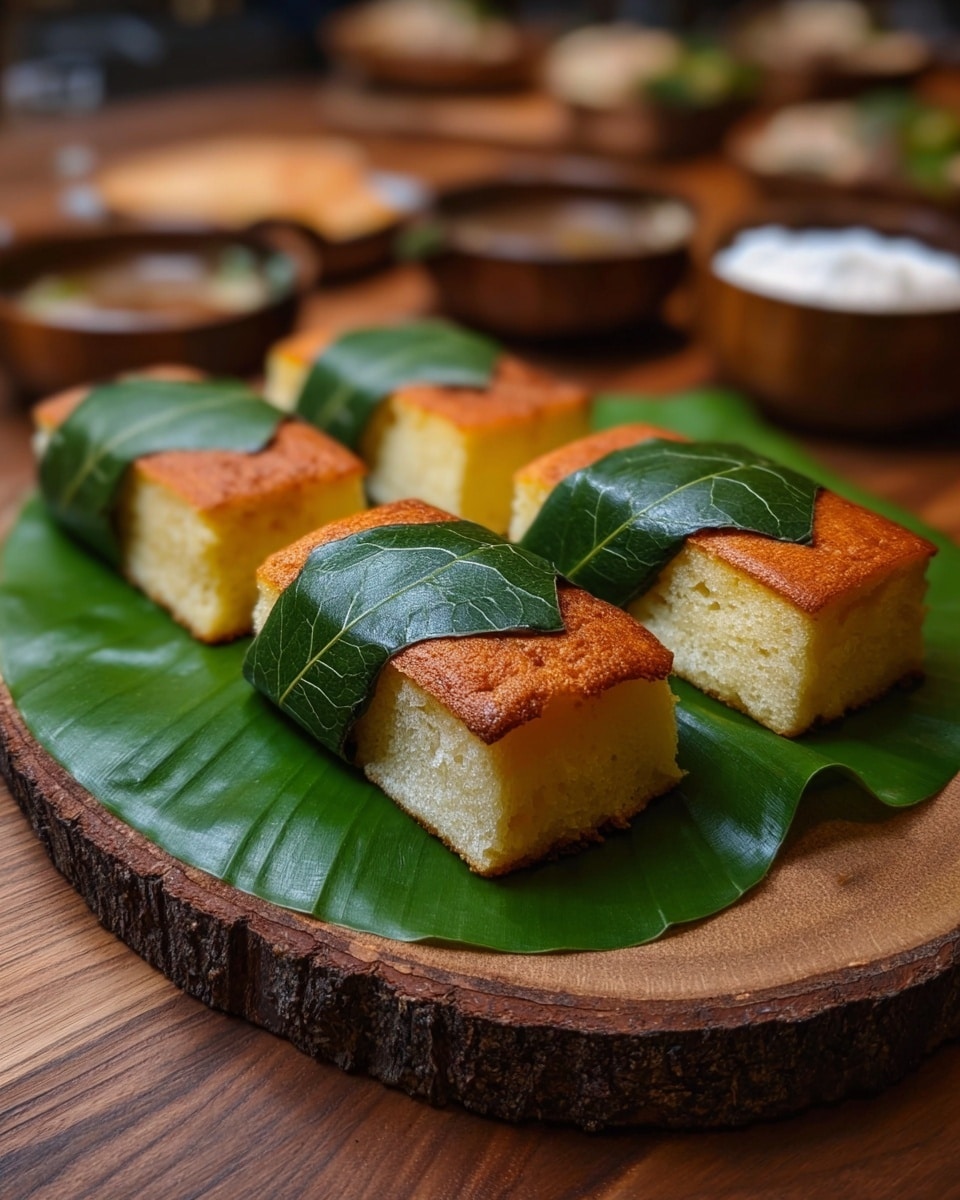 Four golden-brown rectangular sponge cakes are placed on a large green leaf that covers a round wooden board with a bark edge. Each cake is partially wrapped in a smaller green leaf in the middle, showing soft and airy texture inside. The background shows blurred wooden table and small bowls, but the focus is on the cakes with warm lighting. photo taken with an iphone --ar 4:5 --v 7
