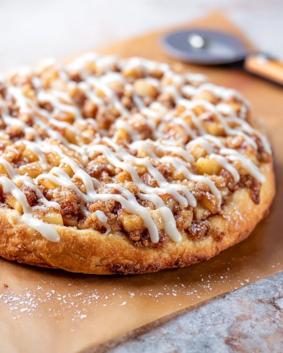 The image shows a round pastry with a thick golden-brown crust as the base layer, topped with a crumbly, light brown streusel layer mixed with small pieces of soft, cooked apple that appear caramelized with a shiny brown glaze. The whole top is drizzled with a white icing in thin zigzag lines across the surface. The pastry is placed on brown parchment paper on a white marbled surface, with a pizza cutter blurred in the background. photo taken with an iphone --ar 4:5 --v 7