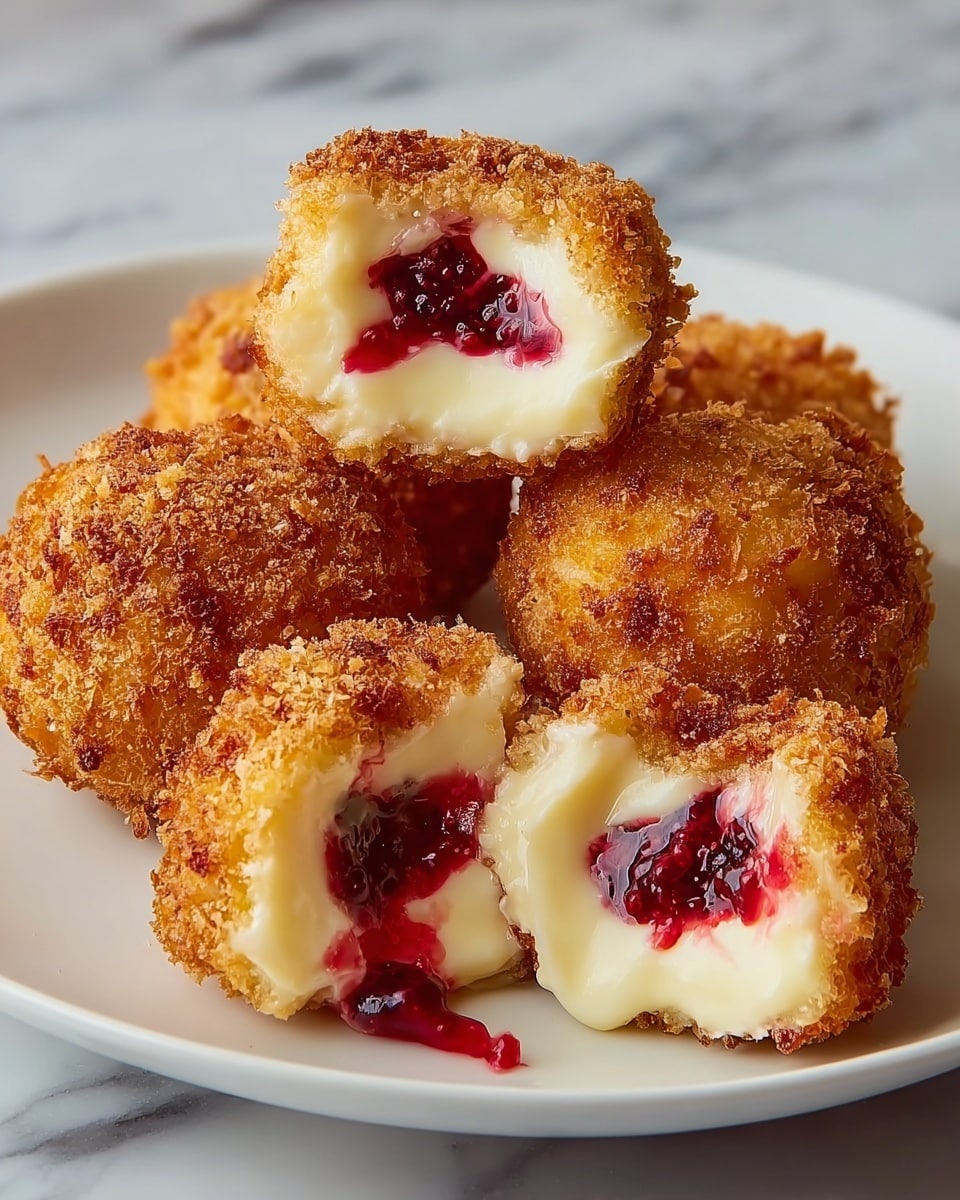 This image shows six pieces of fried dessert balls placed on a white plate sitting on a white marbled surface. Each ball has three layers: the outer layer is golden brown and crunchy with a crispy texture, the middle layer is creamy white, soft, and smooth, and the center has a red berry filling that looks juicy and slightly runny. Two pieces are cut open, revealing the creamy and red berry layers inside. The balls are stacked casually, making the textures and colors stand out clearly. Photo taken with an iphone --ar 4:5 --v 7