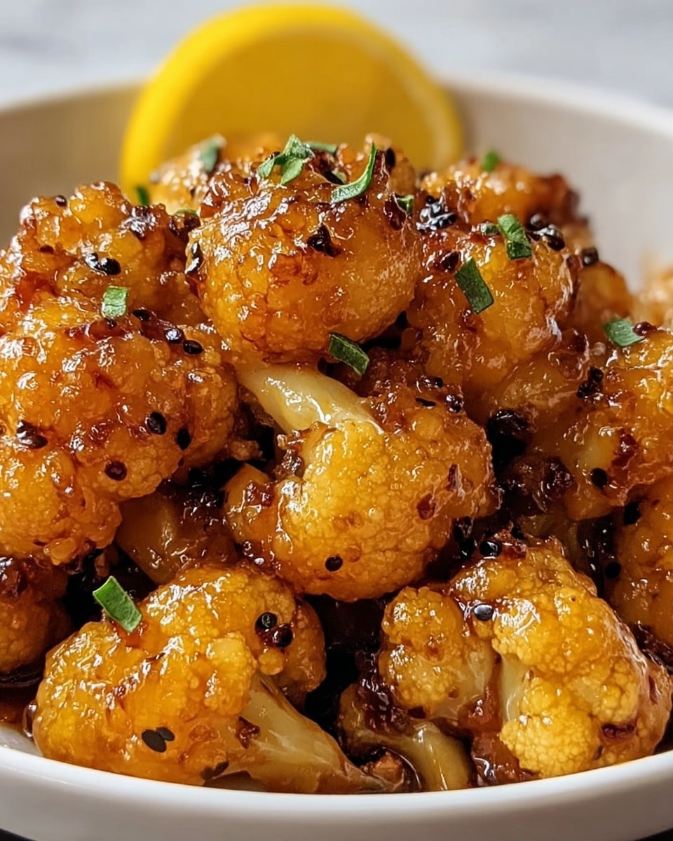 The image shows a close-up of a white bowl filled with several golden-brown cauliflower pieces covered in a shiny, spicy sauce with visible black pepper flakes and small green herb pieces sprinkled on top. The cauliflower looks crispy and well-coated with the glossy sauce, giving it a rich, textured appearance. A small yellow lemon slice is placed behind the cauliflower inside the bowl, adding a pop of color against the white bowl and subtle white marbled background. photo taken with an iphone --ar 4:5 --v 7