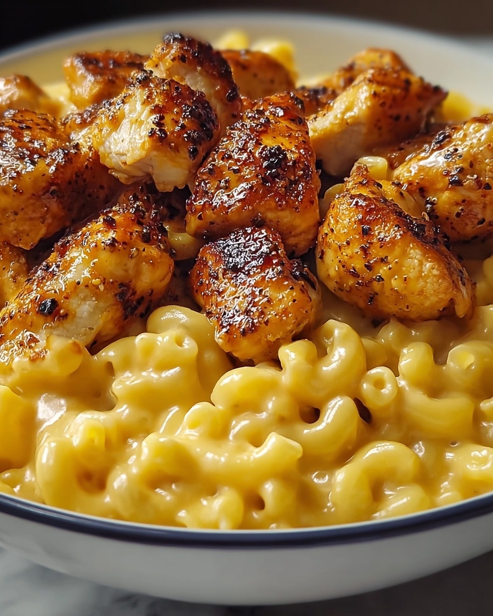 A close-up of a bowl filled with two main layers; the bottom layer is creamy, smooth, bright yellow macaroni and cheese with tight, round pasta coated in thick sauce, and the top layer is golden-brown grilled chicken pieces with a shiny, slightly charred surface showing seasoning specks, arranged closely together. The bowl is white with a thin blue rim and it sits on a white marbled surface. photo taken with an iphone --ar 4:5 --v 7