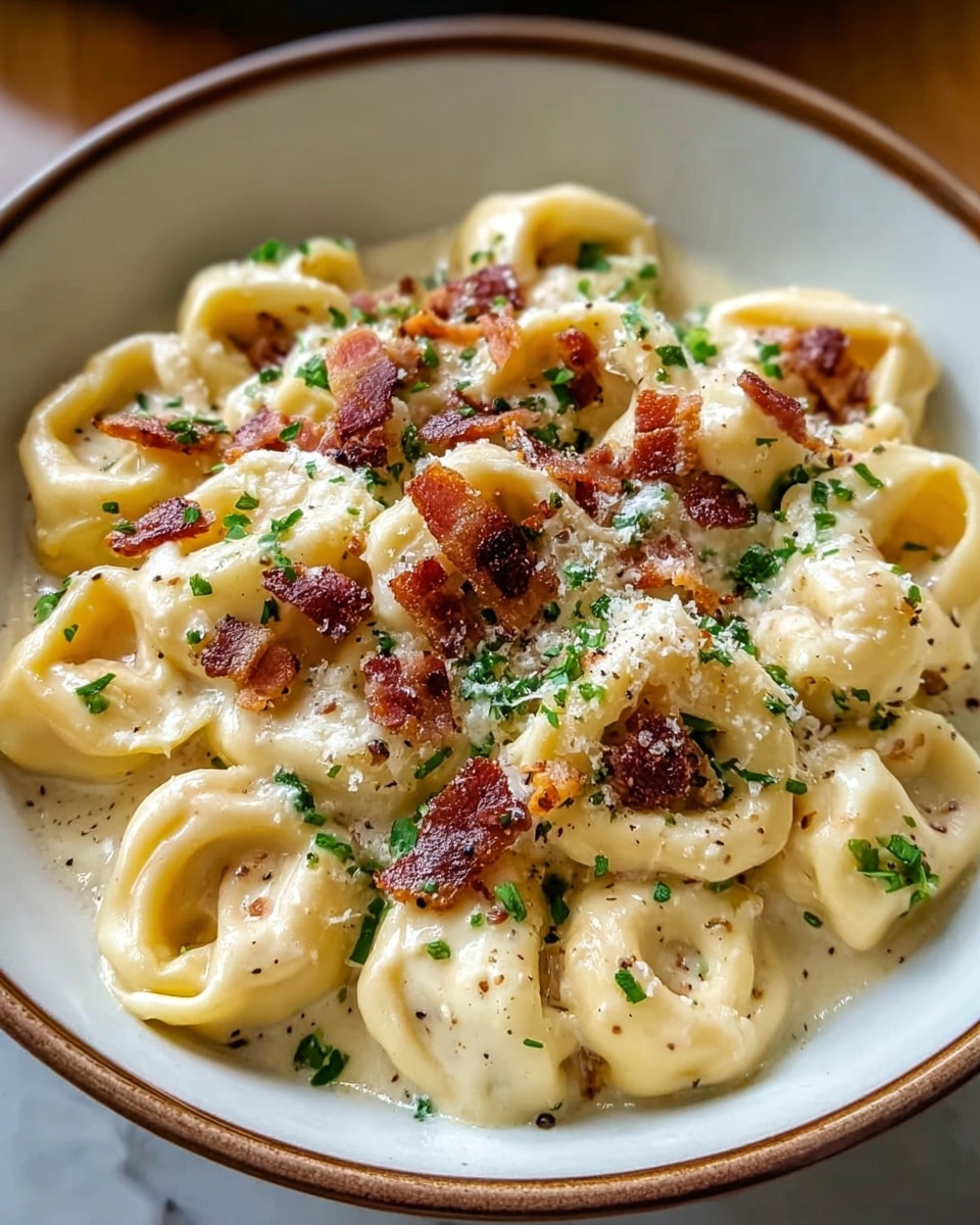 A close-up view of a bowl filled with creamy tortellini pasta, showing one layer of plump, round tortellini in pale yellow covered evenly with a smooth, shiny white cheese sauce. On top, scattered small dark brown crispy bacon bits add texture and color contrast. The dish is sprinkled with finely grated white cheese and small pieces of fresh green herbs, along with tiny specks of black pepper. The pasta sits in a white bowl with a thin brown rim, placed on a white marbled surface. photo taken with an iphone --ar 4:5 --v 7