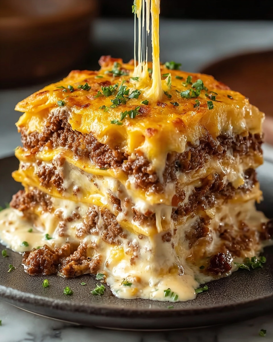 A thick, square slice of lasagna is shown with five visible layers, each alternating between rich brown cooked ground beef and creamy white cheese sauce, all covered by a top layer of melting bright yellow cheddar cheese with strands stretching upwards. The top is garnished with small green chopped herbs, and bits of browned beef peek through the cheese. The dish sits on a round dark plate placed on a white marbled surface. photo taken with an iphone --ar 4:5 --v 7