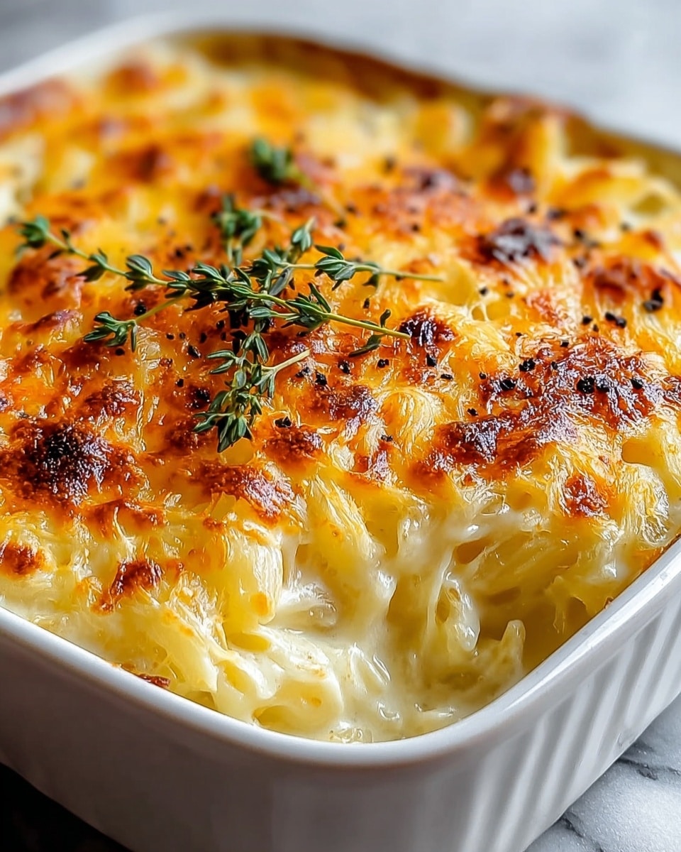 A white baking dish filled with baked macaroni and cheese is shown close up on a white marbled surface. The dish has a creamy, pale yellow pasta layer at the bottom, covered with a thick, golden brown melted cheese crust that is bubbly and slightly burnt in places. Small black pepper specks are visible on the side of the pasta and cheese, and three small green sprigs of fresh thyme rest on the center of the top layer. The cheese topping has a shiny, textured surface with some browned crispy spots. Photo taken with an iphone --ar 4:5 --v 7