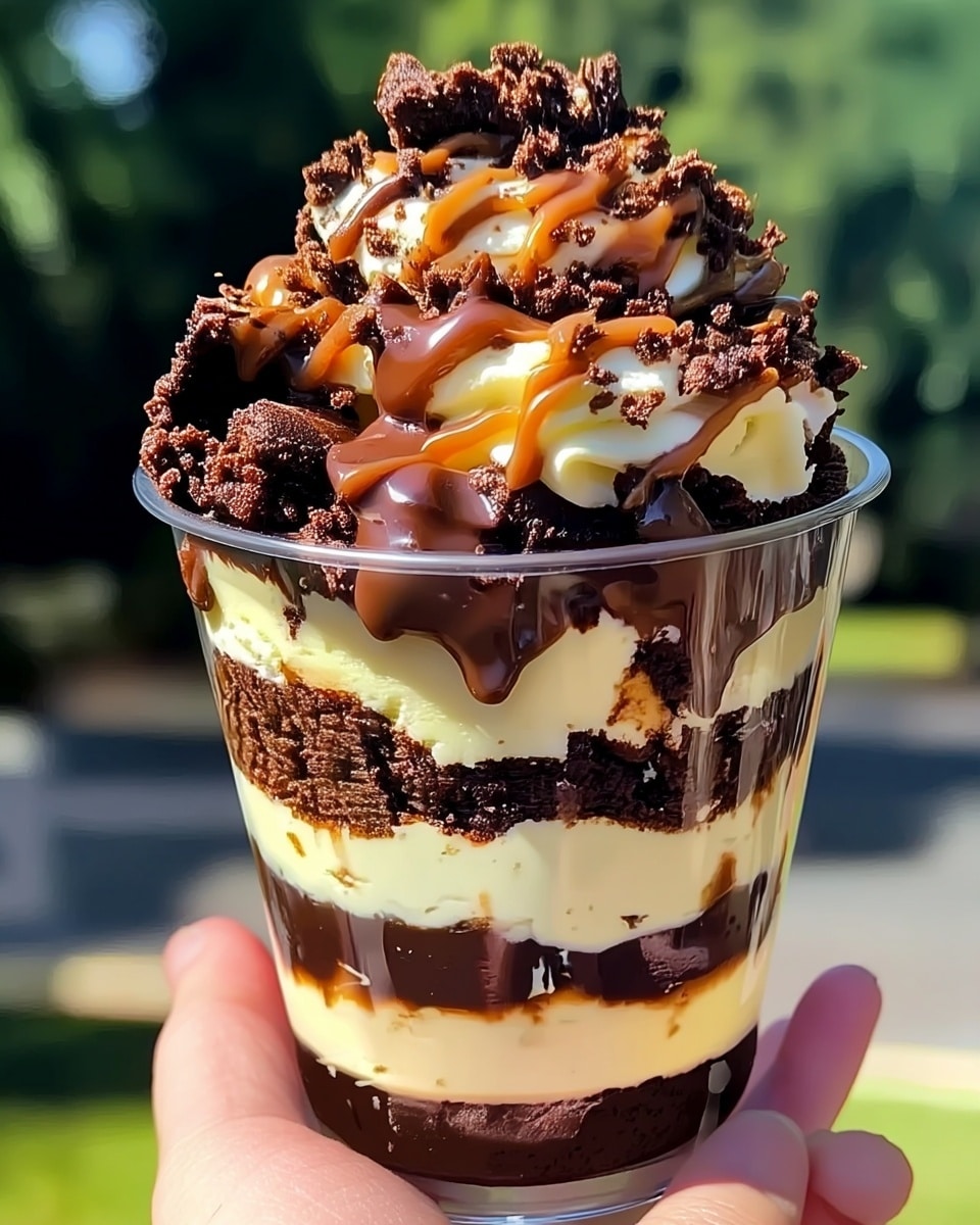The dessert in a clear cup has five visible layers, starting from the bottom with a dense dark chocolate base layer. The second layer is a smooth, light cream that looks thick and soft. Above this is a layer of rich dark chocolate, followed by a thick, light yellow cream layer, and then a chunky dark chocolate brownie layer. At the top, there is a swirl of white cream topped with lots of crumbly chocolate pieces and drizzled with both chocolate and caramel sauce. The cup is held by a woman's hand, and the background shows a blurred outdoor scene with green and dark colors, while the surface is a white marbled texture. photo taken with an iphone --ar 4:5 --v 7
