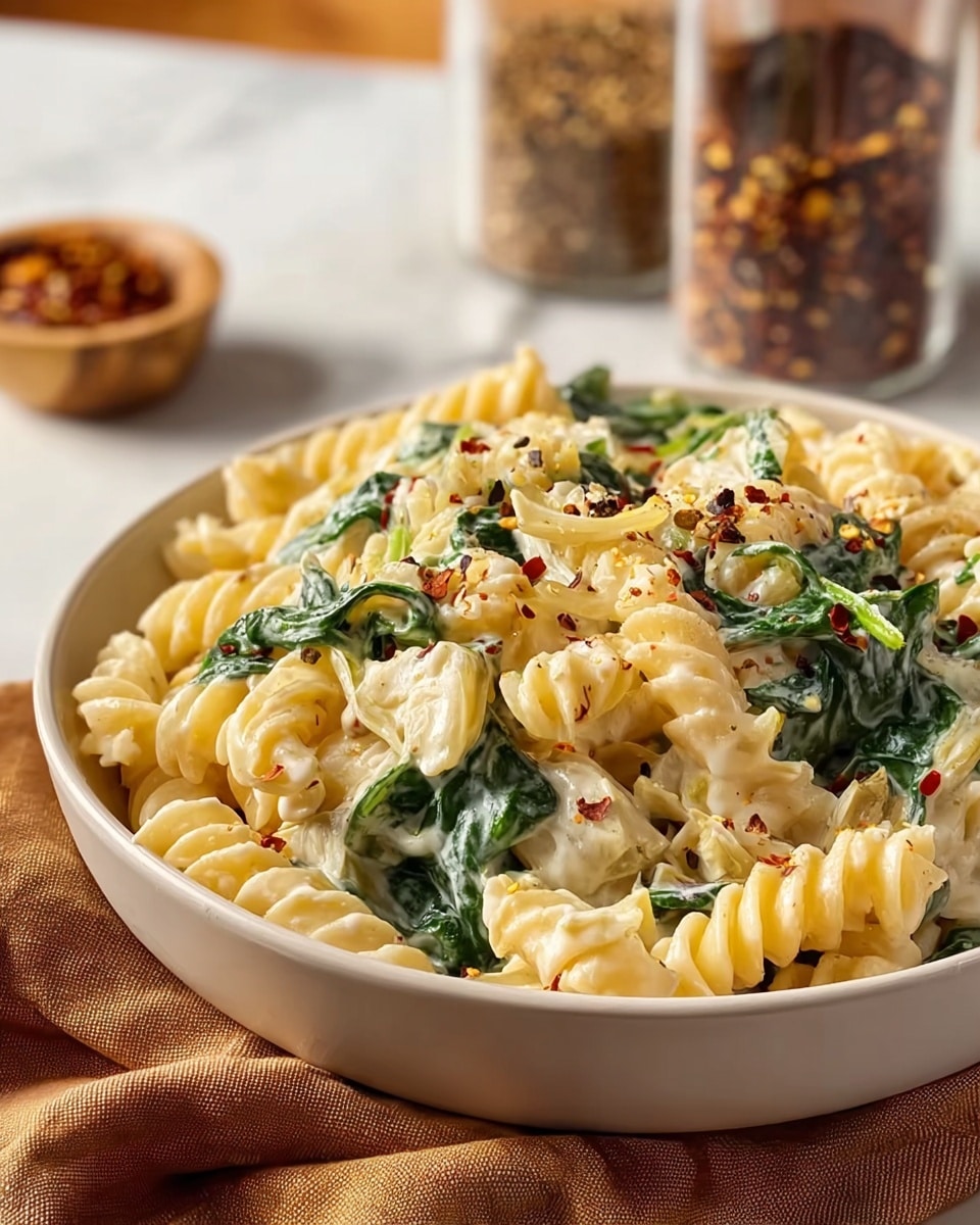 A close-up of a large white bowl filled with creamy fusilli pasta. The pasta is light yellow and thickly coated in a smooth, white sauce with visible specks of black pepper and red chili flakes. Mixed within the pasta are dark green spinach leaves for contrast, and small bits of what looks like shredded artichoke or onion. The bowl sits on a soft, brown fabric on top of a white marbled surface. In the blurred background, two glass jars with spices and a small white bowl with crushed chili peppers are visible. photo taken with an iphone --ar 4:5 --v 7