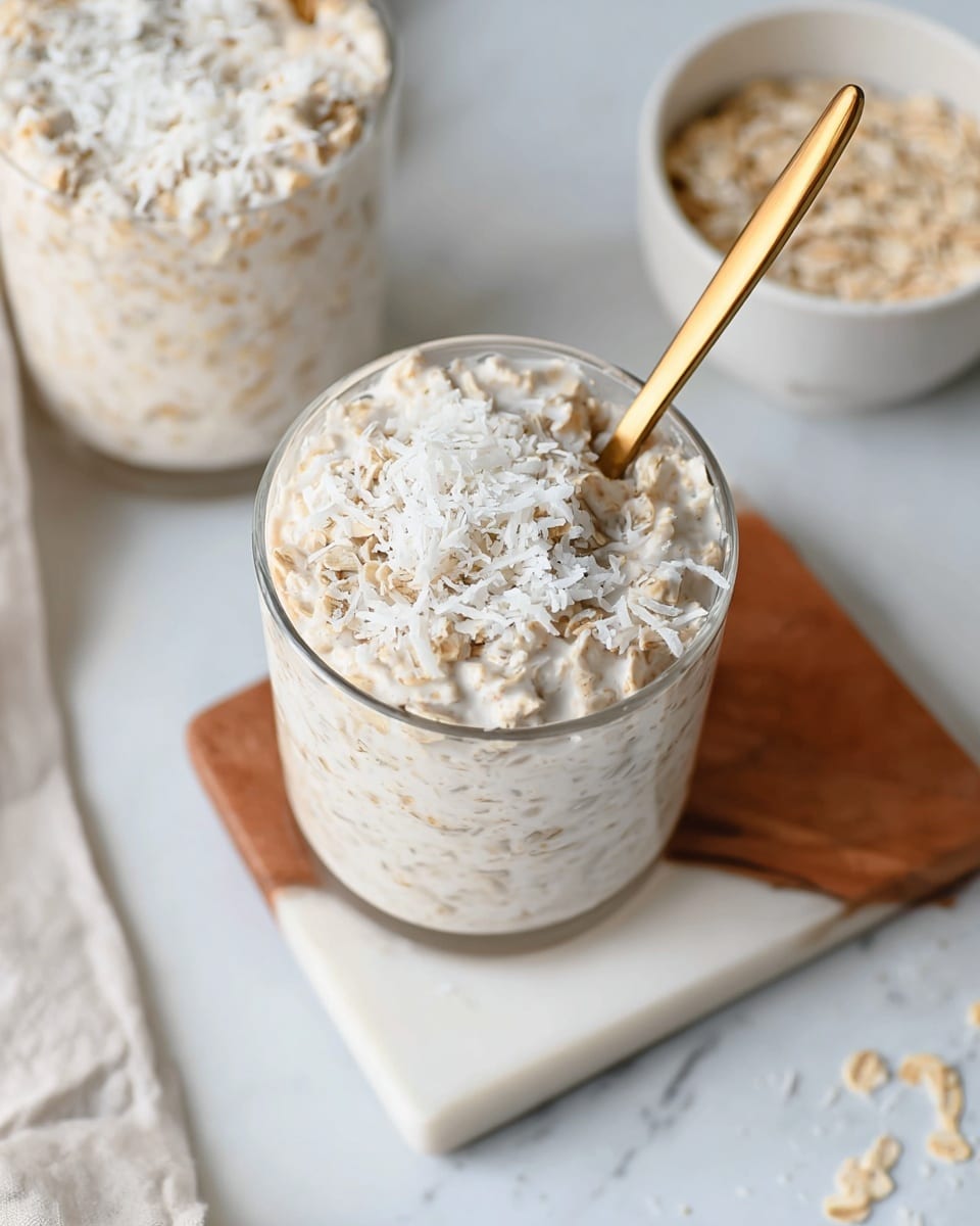 A clear glass is filled almost to the top with a creamy oat mixture that has a thick texture and light beige color with visible oat pieces. The top layer is sprinkled with finely shredded white coconut, adding a fluffy texture on the surface. A golden spoon is inserted into the mixture, standing out against the light colors. The glass sits on a small white marble board with a piece of brown wood underneath. In the background, there is another glass filled similarly and a small white bowl filled with dry oats, all placed on a white marbled surface. Photo taken with an iphone --ar 4:5 --v 7