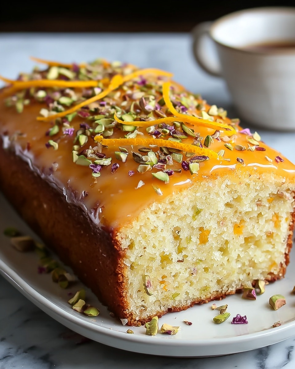 A rectangular loaf cake sits on a white plate, showing two layers: a dense, pale yellow cake base with small orange bits inside, and a top layer covered with shiny orange glaze. The glaze is smooth and glossy, decorated with small pieces of chopped green and purple nuts sprinkled all over. Thin strips of bright orange peel are arranged on top, adding color contrast. The edges of the cake are slightly darker and crisp, emphasizing its baking. The background features a white marbled surface. photo taken with an iphone --ar 4:5 --v 7