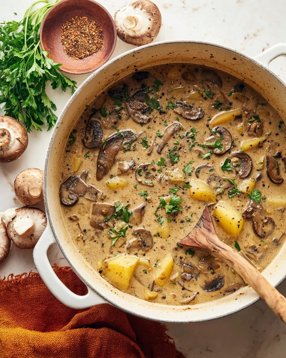 A large white pot is filled with a creamy mushroom stew showing many thick slices of brown mushrooms and chunks of yellow potatoes in a light tan broth with specks of black pepper and bits of green parsley scattered on top. A wooden spoon rests inside the pot on the right side, partially immersed in the stew. Around the pot on a white marbled surface are whole mushrooms, a bunch of fresh parsley, and a small reddish-brown bowl filled with ground pepper. An orange cloth napkin is partially visible on the left side. Photo taken with an iphone --ar 4:5 --v 7