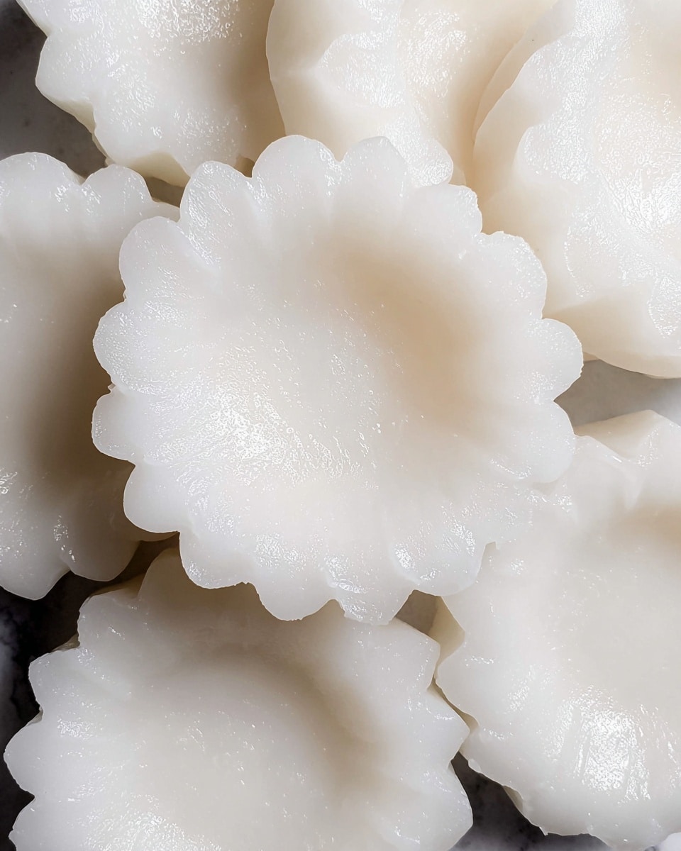 The image shows several white, translucent rice flour cakes with a smooth and glossy texture. Each cake has a scalloped, slightly ruffled edge and a shallow, concave center that makes them look like small cups or bowls. The cakes overlap slightly, creating a soft layering effect. Their surface appears smooth and moist, reflecting light to show a subtle shine. The background is a white marbled texture. photo taken with an iphone --ar 4:5 --v 7