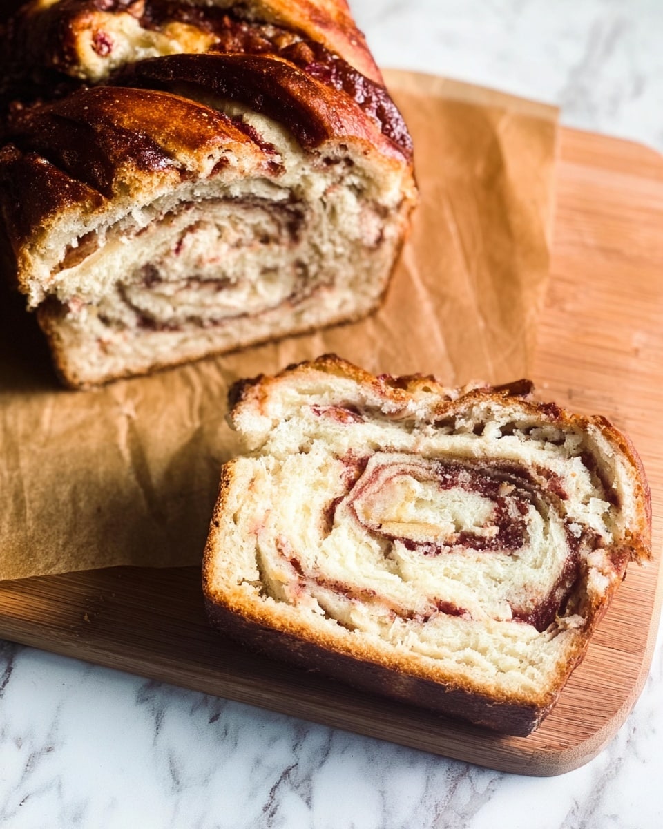 A close-up image of a sliced loaf of bread with a golden brown, slightly glossy crust that looks crispy and textured. The bread has multiple visible layers inside with a swirled pattern of creamy beige dough mixed with darker brown and reddish streaks of filling, which appears slightly moist and soft. The slice is thick and sits next to the rest of the loaf on a wooden cutting board, which is lined with a piece of brown parchment paper. The background is a white marbled surface that adds a clean and bright feel to the photo taken with an iphone --ar 4:5 --v 7