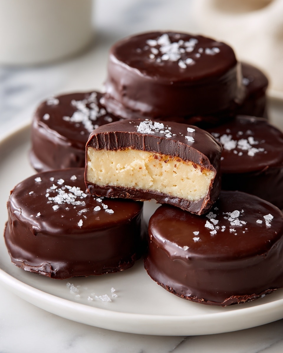 The image shows several round chocolate-covered treats arranged on a white plate over a white marbled surface, four whole and one with a bite taken from it. Each treat has a thick dark brown, glossy chocolate shell on the outside, with a light beige creamy filling inside that looks smooth and dense. Some coarse salt is sprinkled on top of a few chocolates, adding texture contrast. The bitten piece is placed on top of one whole piece, showing the thick chocolate layer around the soft creamy center. Photo taken with an iphone --ar 4:5 --v 7