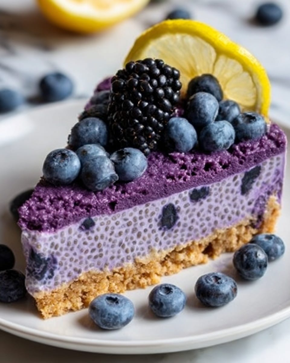 A slice of purple chia seed pudding cake with visible dark blueberry pieces inside is placed on a white plate. The cake has three layers: a light brown crumbly base on the bottom, a thick and creamy purple chia pudding layer in the middle, and a topping of whole fresh berries including a blackberry, a blueberry, and a slice of lemon leaning against the berries. Around the plate, there are scattered blueberries on a white marbled surface. The texture of the pudding layer looks smooth and slightly bumpy from the chia seeds, while the base appears crunchy. Photo taken with an iphone --ar 4:5 --v 7