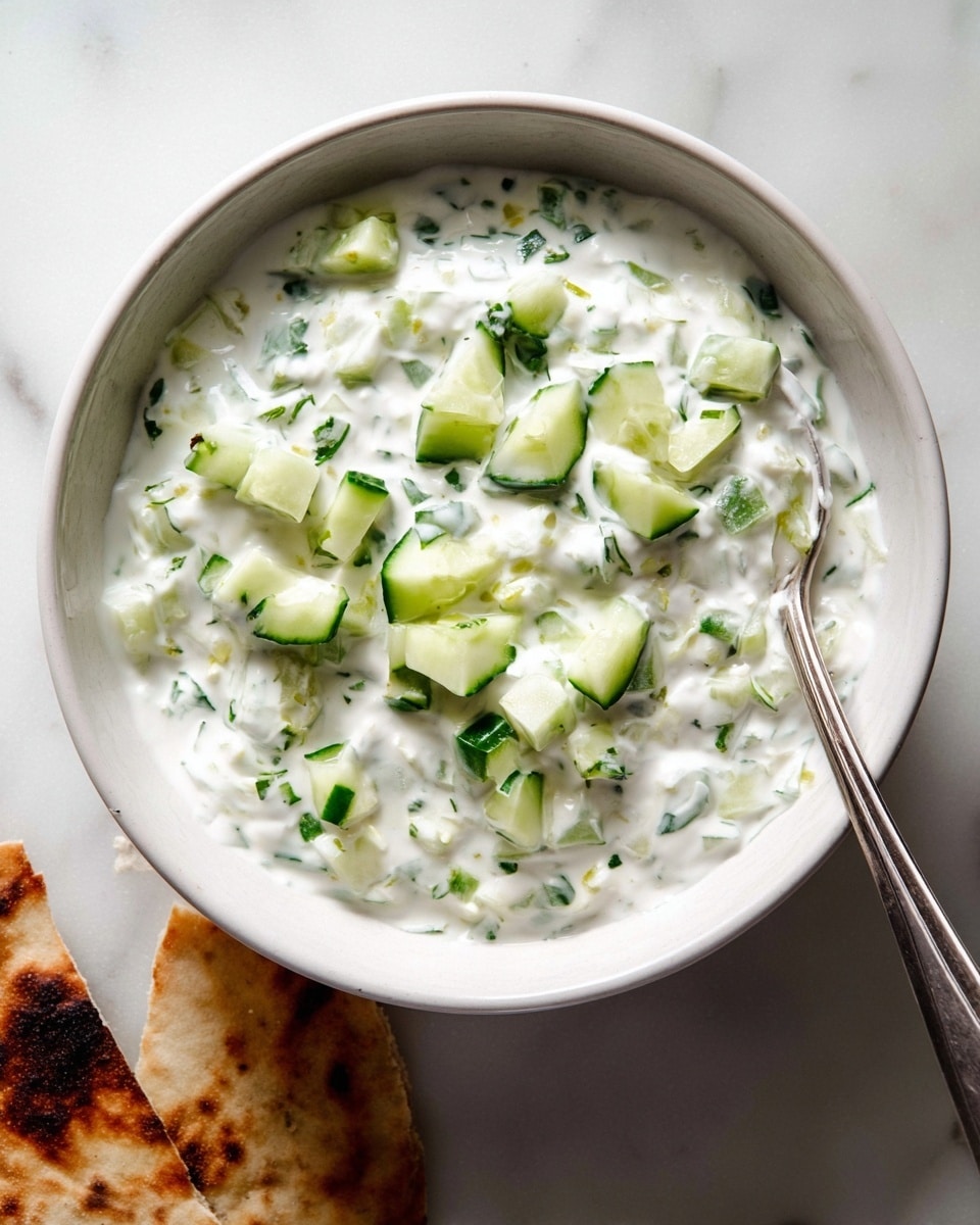 A white bowl filled with creamy white yogurt mixed with small green pieces of cucumber and finely chopped herbs, giving it a thick and slightly chunky texture; scattered chunks of fresh cucumber sit atop the yogurt layer, and a silver spoon rests inside the bowl on the right side. The bowl is placed on a white marbled surface with slightly burnt flatbread at the bottom left corner. Photo taken with an iphone --ar 4:5 --v 7