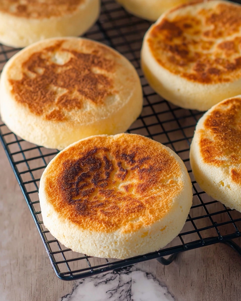 The image shows several round, golden brown English muffins with a slightly rough texture sitting on a black cooling rack. Each muffin has a crispy, toasted top with small cracks and uneven browning, while the edges remain soft and pale. The cooling rack is placed on a white marbled surface, visible only in the background, giving a clean and bright contrast to the warm tones of the muffins. Photo taken with an iphone --ar 4:5 --v 7
