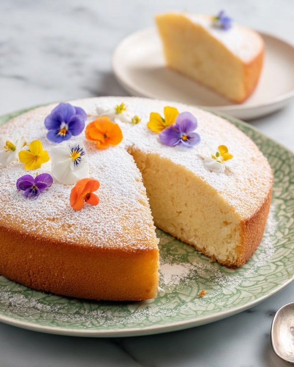 A round single-layer cake with a light golden-brown crust and a soft, pale yellow inside, dusted evenly with white powdered sugar on top. The cake is decorated with several small, colorful edible flowers in shades of orange, purple, yellow, and white scattered across the top. A single slice is cut and placed on a small white plate in the background, showing the moist texture inside. The cake sits on a green patterned plate, which is on a white marbled surface. Photo taken with an iphone --ar 4:5 --v 7
