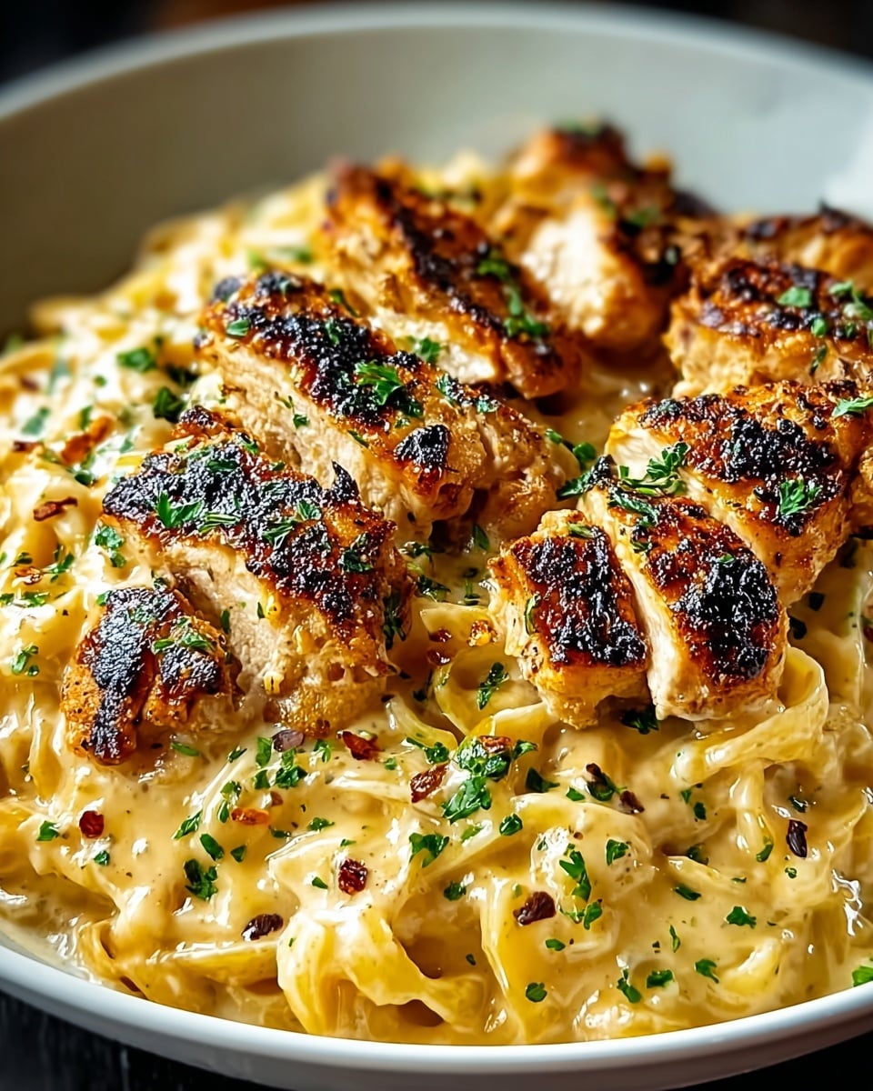 A close-up view of a creamy pasta dish served in a white bowl, featuring several browned, crispy-seared scallops arranged on top. The first layer is the creamy pasta with thin, light yellow noodles coated in a rich sauce that has specks of herbs and red chili flakes. On top, there are about seven golden-brown scallops with a crispy, slightly charred texture and garnished with small green herb bits. The dish emits steam, highlighting its warmth and freshness. The background is a white marbled texture with a metal utensil partially visible in the bowl. Photo taken with an iphone --ar 4:5 --v 7