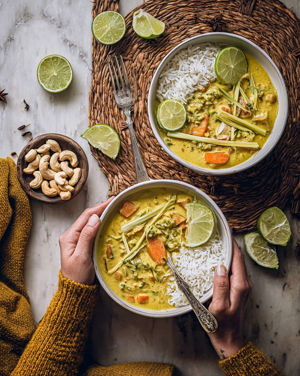 The image shows two white bowls filled with a creamy yellow curry with visible chunks of orange carrots and green vegetables mixed inside, paired with a portion of white rice on one side of each bowl. Each bowl has a slice of lime placed on top near the rice and several thin green stalks laid decoratively across the curry. One bowl is positioned directly on a white marbled surface, while the other rests on a round woven mat. Around the bowls are multiple lime slices scattered, a small bowl filled with cashew nuts, and a few cardamom pods. A pair of vintage silver fork and knife lie near the bowls. A woman's hand, wearing a mustard yellow sweater, holds the bowl on the woven mat, while the woman's other hand is holding a fork above that bowl. Photo taken with an iphone --ar 4:5 --v 7